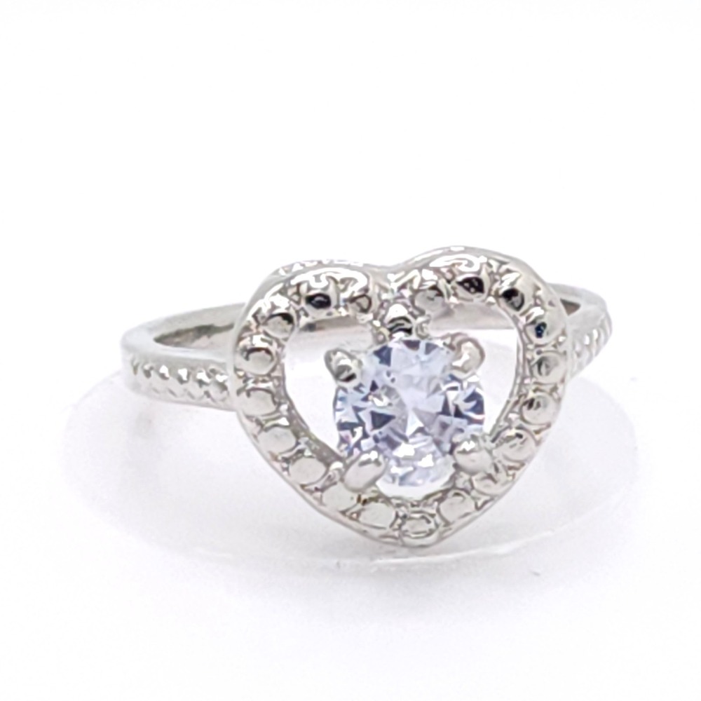 Silver Tone Heart Ring Clear CZ Stone Size 8.5 Elegant
